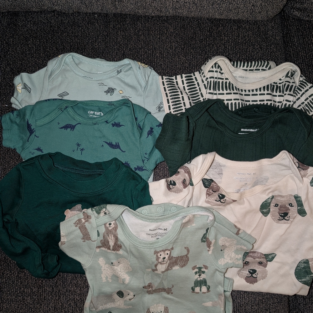Baby Bodysuits 9 Months- Green, Blue, Cream